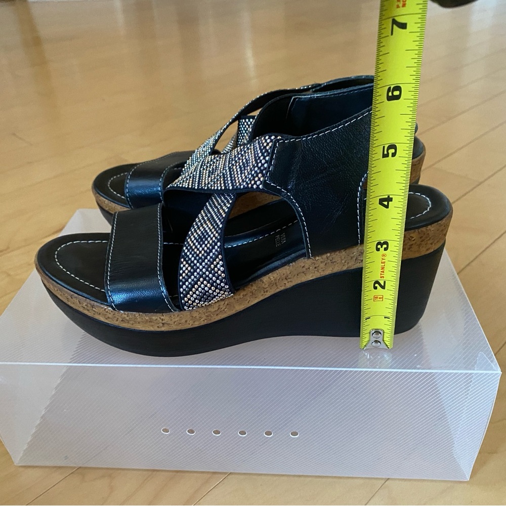 Black Leather Wedge Sandals with Geometric Straps - Picture 9 of 10
